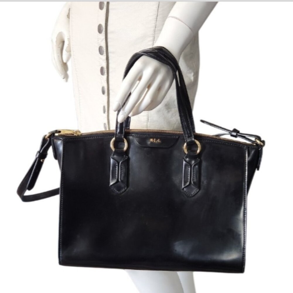 LRL RALPH LAUREN GLAZED LEATHER SATCHEL HAND BAG with GOLD Logo HARDWARE - Picture 3 of 16